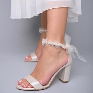 Elegant Ivory Block Heels with Pearl Ankle Strap